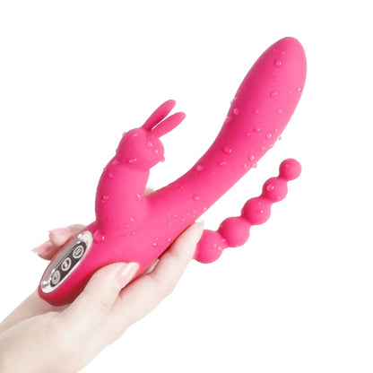 Silicone Rabbit Vibrator Double Penetration Anal Beads USB Rechargeable Pink