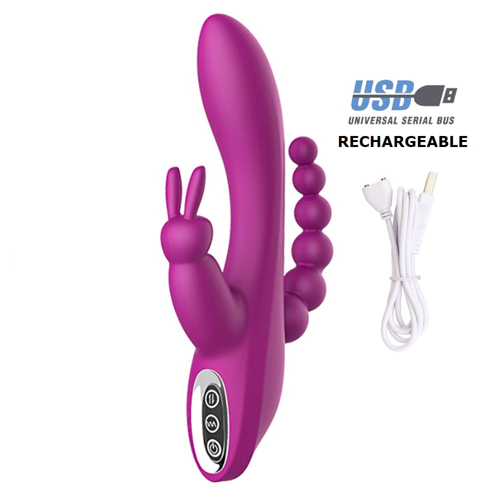 Silicone Rabbit Vibrator Double Penetration Anal Beads USB Rechargeable Pink