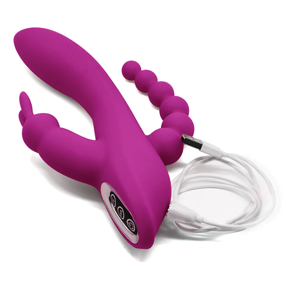 Silicone Rabbit Vibrator Double Penetration Anal Beads USB Rechargeable Pink