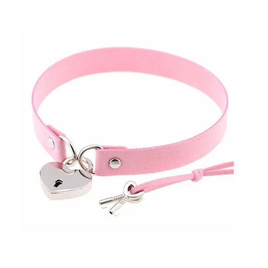 Baby Pink Heart Lock Choker with Keys Necklace Slave Collar Submissive