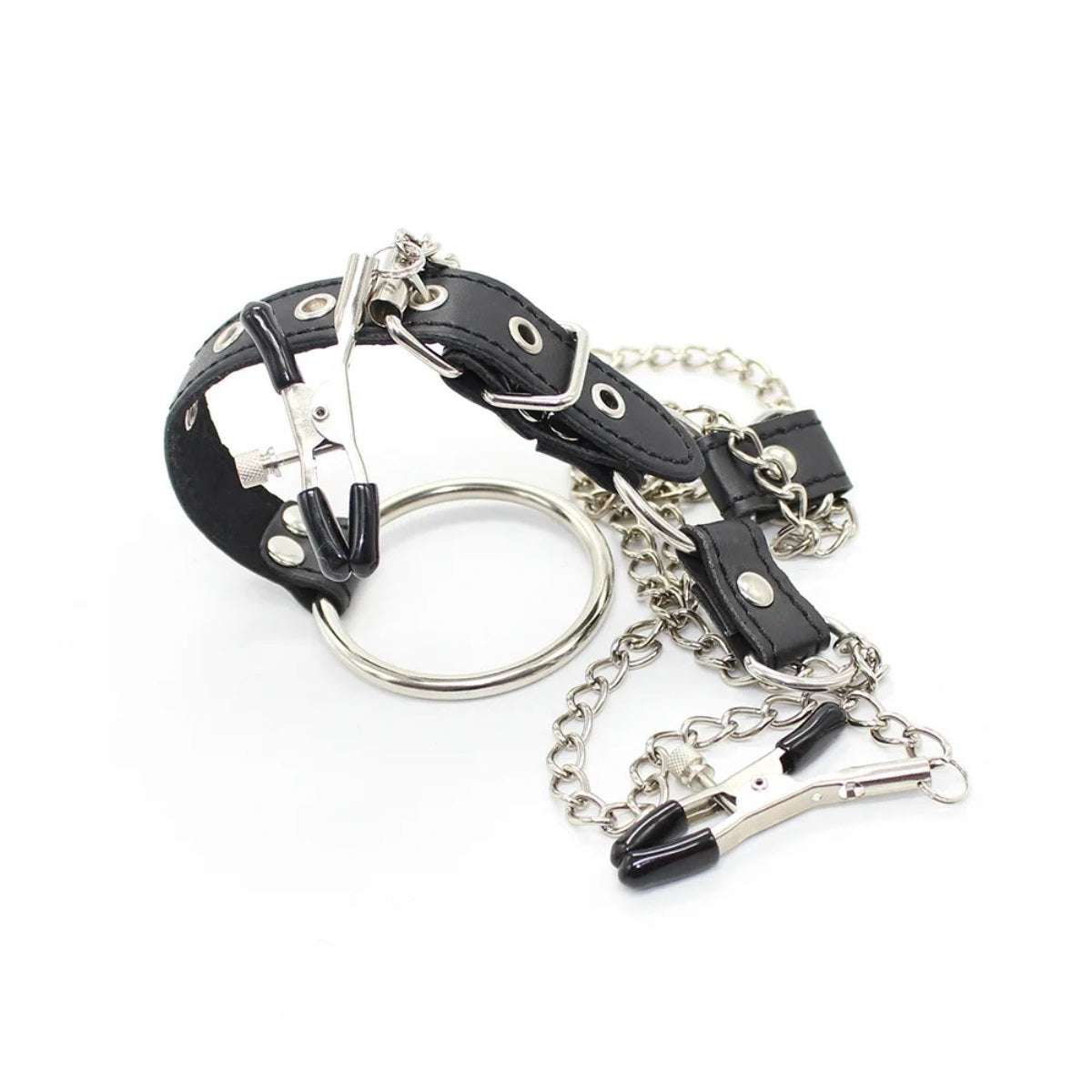 Cock Ring with Linking Chest Strap and Nipple Clamps