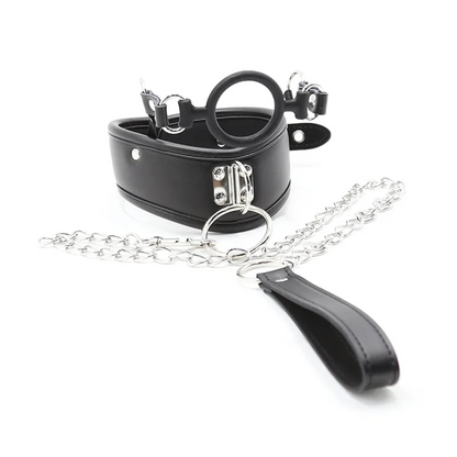 Fetish Slave Collar with O-Ring Open Mouthed Gag and Lead