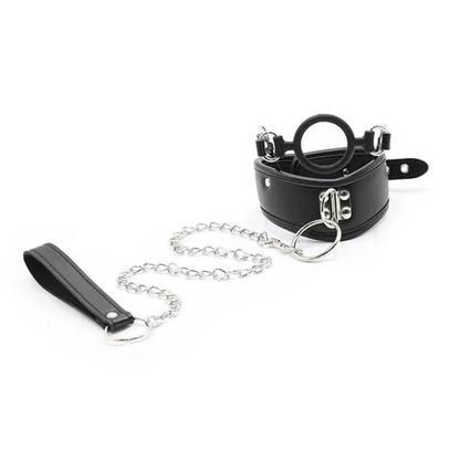 Fetish Slave Collar with O-Ring Open Mouthed Gag and Lead