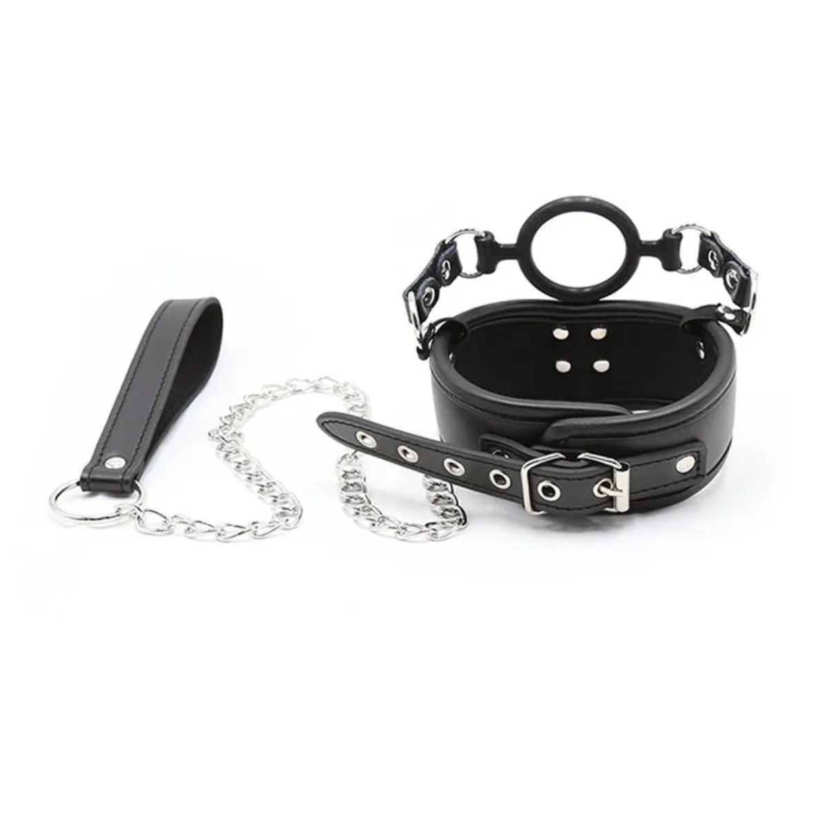 Fetish Slave Collar with O-Ring Open Mouthed Gag and Lead