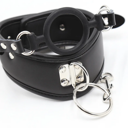 Fetish Slave Collar with O-Ring Open Mouthed Gag and Lead