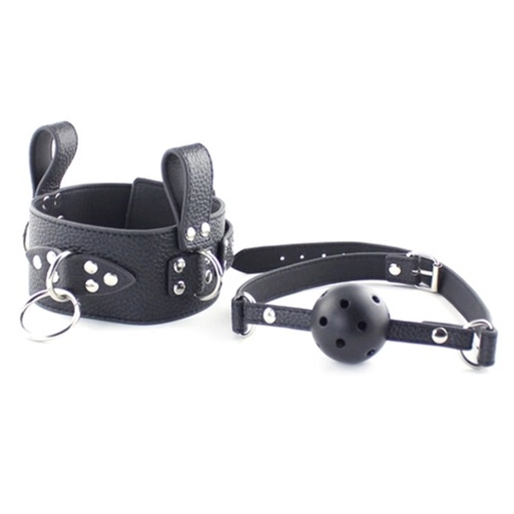 Fetish Slave Collar with attached Breathable Mouth Ball Gag