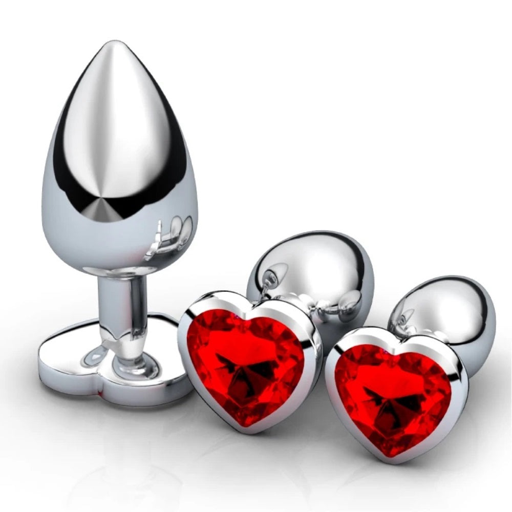 Red Stainless Steel Heart Jewelled Princess Butt Plug