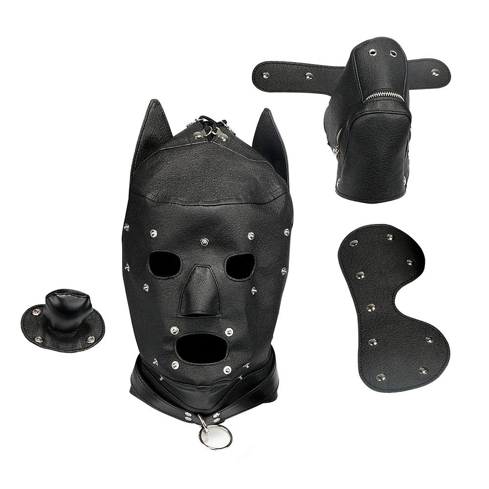 Dog Hood Gimp Mask With Zipper Mouth Gag Blindfold for Puppy Play