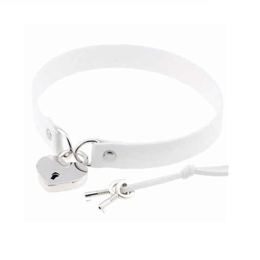 White Heart Lock Choker with Keys Sub Necklace Slave Collar Submissive