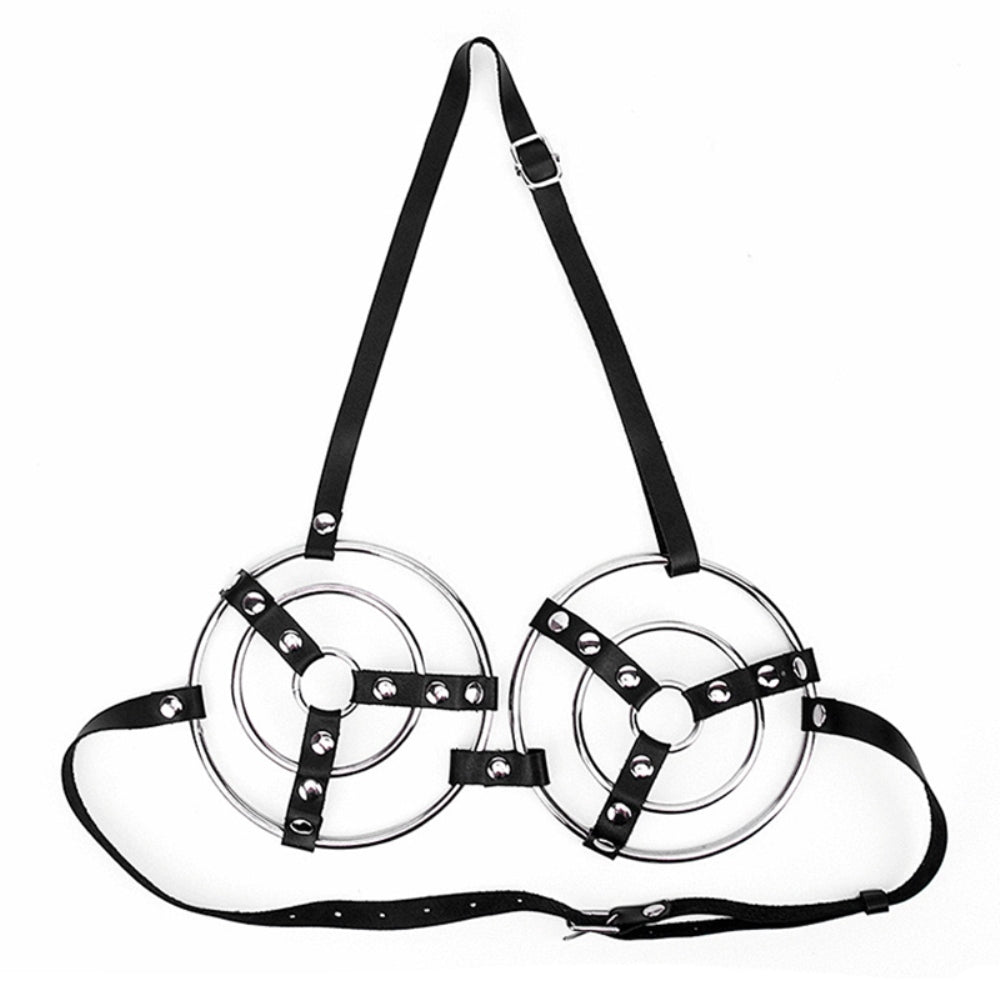 Womens Fetish Vegan Leather and Metal Ring Bra